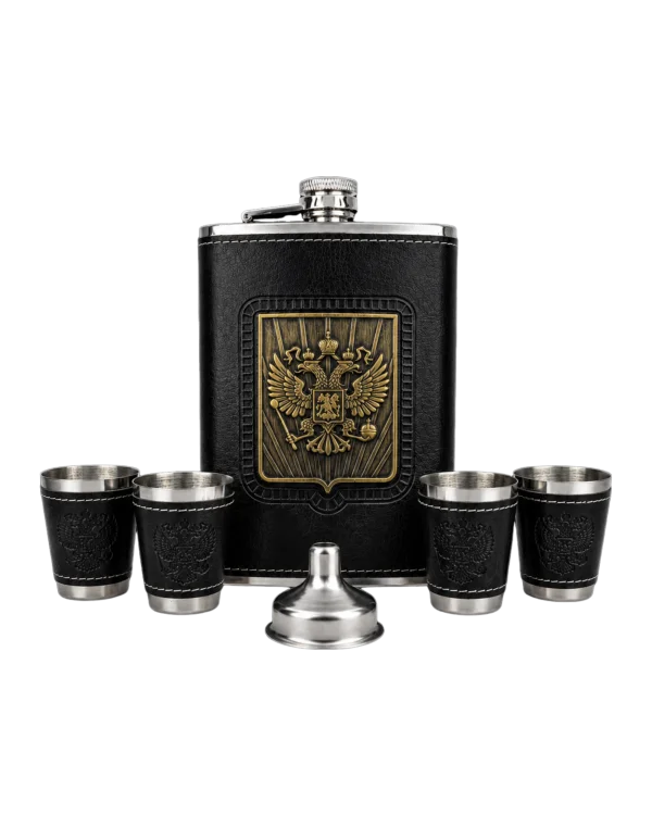 Набор фляга "Герб РФ",4 рюмки + воронка (Черный)
